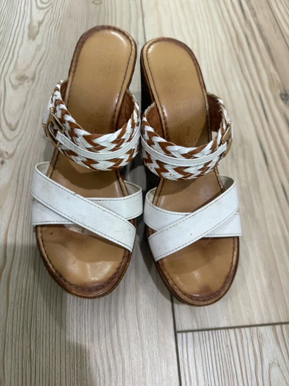 Italian Shoemakers White & Brown‎ Woven Leather Wedge Sandals